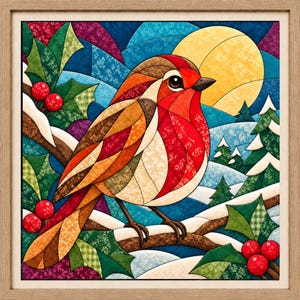 Kubism Winter Robin Kinusaiga tygkonstmönster | 8x8 sömnadsfri lapptäcke (digital nedladdning)