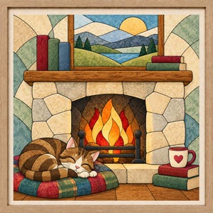 May include: A framed illustration of a tabby cat sleeping on a plaid cushion in front of a stone fireplace with a fire burning. Above the mantel, a landscape painting shows mountains and a sun. Books and a mug with a heart are present.