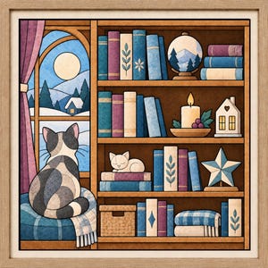 Peut inclure: Une illustration encadrée montrant un chat assis sur un coussin bleu près d'une fenêtre donnant sur un paysage enneigé avec une pleine lune. À côté se trouve une bibliothèque en bois remplie de livres, un globe, une bougie et une étoile.