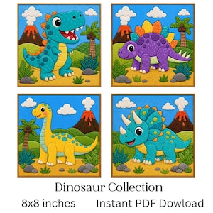 Op de afbeelding: Een set van vier vierkante digitale prints getiteld Dinosaur Collection, elk 20,32 x 20,32 cm, met een groenblauwe T-Rex, een paarse Stegosaurus, een gele langnekdinosaurus en een groenblauwe Triceratops in vulkanische landschappen.