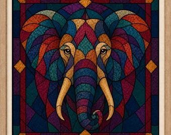 May include: A square framed wall art piece featuring a stylized elephant head in a stained glass mosaic pattern. The design uses vibrant shades of red, blue, purple, teal, and gold, with each segment filled with a subtle, intricate floral texture.
