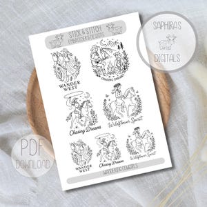 Puede incluir: Una descarga PDF blanca con diseños de bordado en negro. Los diseños incluyen vaqueras a caballo, y los textos "Wander West", "Chasing Dreams" y "Wildflower Spirit". También se ven los textos "Stick & Stitch Embroidery Designs" y "Saphiras Digitals".