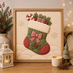 Op de afbeelding: Een ingelijst wandkunstwerk met een gestructureerde, driedimensionale kerstkous in olijfgroen met een witte boord, een roze strik en rode bessen. De kous bevat een zuurstok en een cadeau, omringd door witte sneeuwvlokken.