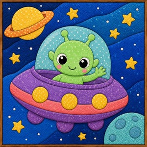 Puede incluir: Una pieza de arte mural enmarcada que muestra a un alienígena verde con grandes ojos negros saludando desde un platillo volante morado. El fondo es una escena espacial azul oscuro con un planeta amarillo con anillos, una luna azul claro y estrellas.