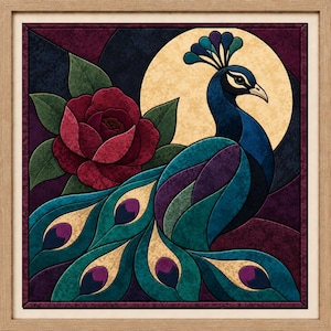 Op de afbeelding: Een vierkant ingelijst kunstwerk aan de muur met een gestileerde pauw met diepblauw en groenblauw verenkleed, een lange staart met paarse en gouden oogpatronen en een grote rode roos met groene bladeren tegen een achtergrond van een gouden maan.
