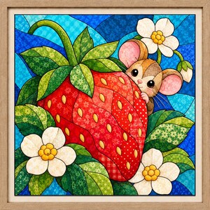 May include: A framed square wall art piece featuring a stained glass style illustration of a large red strawberry with yellow seeds, green leaves, and white flowers. A small brown mouse with pink ears peeks out from behind the strawberry.