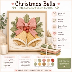 Peut inclure: Un modèle d'art textile Kinusaiga intitulé Christmas Bells représentant deux cloches dorées avec un nœud rose et des feuilles de houx. Le guide PDF numérique inclut des instructions pour un projet fini de 20,32 x 20,32 cm et des conseils tissus.