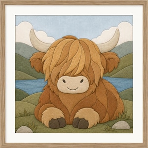 Könnte beinhalten: Ein gerahmter Kunstdruck mit einer stilisierten Illustration eines braunen Hochlandrindes mit langem, zotteligem Fell und geschwungenen Hörnern. Das Rind befindet sich in einer Landschaft mit grünen Hügeln, einem blauen Gewässer und hellblauem Himmel.
