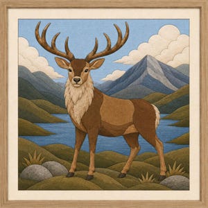 May include: A framed wall art piece featuring a textured illustration of a brown deer with large antlers standing in a landscape with rolling green hills, a blue lake, and grey mountains under a light blue sky with white clouds.