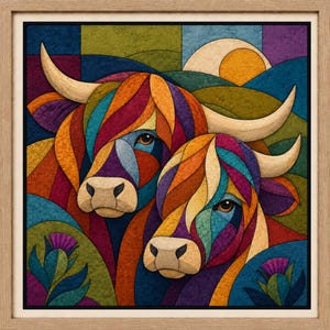 May include: A framed wall art print featuring two Highland cattle in a vibrant, multi-colored mosaic style. The cows have long, curved horns and are surrounded by stylized green hills, a yellow sun, and purple thistle flowers in a geometric pattern.