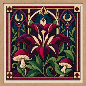 Op de afbeelding: Een vierkant ingelijst wandkunstwerk met een illustratie in glas-in-loodstijl van een grote donkerpaarse en magentakleurige lelie tussen twee paddenstoelen. De achtergrond toont gewelfde architecturale elementen met gouden halvemaanmotieven.