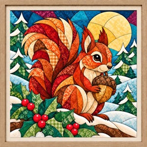 Op de afbeelding: Een ingelijst vierkant wandkunstwerk met een gestileerde eekhoorn met een grote, pluizige staart bestaande uit oranje, rode en bruine segmenten met patronen. De eekhoorn houdt een bruine eikel vast in een wintertafereel met groene dennenbomen.