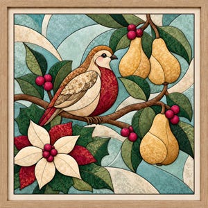 May include: A framed square wall art piece featuring a stained glass style illustration of a bird with a red chest perched on a branch. The scene includes three yellow pears, green leaves, red berries, and a white poinsettia flower on a blue background.