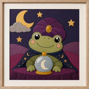 May include: A framed felt wall art piece featuring a green frog wearing a purple turban with a gold gem and a dark blue cape with gold stars. The frog sits at a purple table with a crystal ball containing a white crescent moon, set against a dark purple night sky with a yellow crescent moon, gray cloud, and yellow stars.