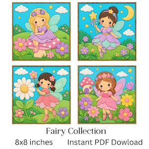 Peut inclure: Quatre illustrations numériques carrées intitulées Fairy Collection, chacune de 20,32x20,32 cm, représentant des fées en robes colorées avec des ailes, des fleurs, des étoiles et des nuages sur un ciel bleu. Le texte indique Fairy Collection et 8x8 inches Instant PDF Dowload.