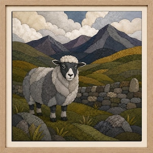May include: A framed textile art piece depicting a sheep with grey and white wool standing in a hilly landscape. The scene includes a stone wall, rolling green fields, dark mountains, and white clouds against a blue sky, all rendered in fabric.