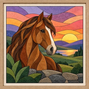 May include: A framed wall art piece featuring a brown horse with a white blaze on its face, positioned in front of a landscape with rolling green hills, a lake, and a sunset sky with purple and orange clouds, all rendered in a stained glass style.