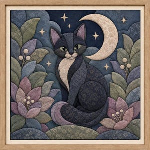 May include: A framed square wall art piece featuring a dark blue cat with a white chest sitting amidst stylized purple and green floral foliage. The background displays a crescent moon and four-pointed stars against a dark blue night sky.