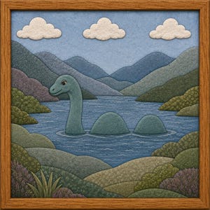 May include: A framed textile art piece depicting a long-necked sea creature in a blue lake surrounded by rolling green hills and mountains. Three white clouds float in the sky above the landscape, which is rendered in layered fabric textures.