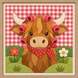 Peut inclure: Une œuvre d'art murale encadrée représentant une vache Highland brune avec des bigoudis roses, portant un bandana rouge à pois. La vache est sur un fond à carreaux vichy rouge et blanc avec des collines vertes, une fleur rouge et une fleur blanche.
