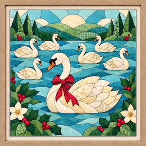 Könnte beinhalten: Ein gerahmtes Wandbild mit einer Illustration von sieben weißen Schwänen auf einem blauen See im Buntglas-Stil. Der zentrale Schwan trägt eine große rote Schleife. Die Szene zeigt grüne Stechpalmenblätter, rote Beeren und weiße Blüten.