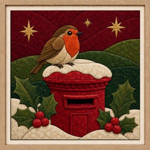 Peut inclure: Une œuvre d'art murale en tissu encadrée représentant un rouge-gorge perché sur une boîte aux lettres rouge recouverte de neige. La scène comprend des feuilles de houx vertes avec des baies rouges, un fond rouge foncé et des étoiles dorées.