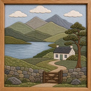 May include: A fabric wall art piece in a light wood frame depicting a landscape with a stone wall, a wooden gate, a path, a small white house with a dark roof, a tree, a blue lake, green hills, and three white clouds against a light blue sky.