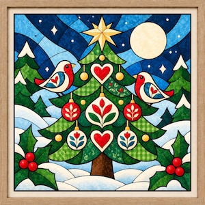 May include: A framed square wall art piece featuring a stained glass style illustration of a decorated Christmas tree with two birds, red heart ornaments, and floral baubles. The scene includes a starry night sky, a full moon, and holly leaves.