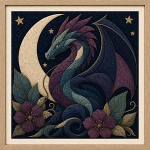 May include: A framed wall art piece featuring a stylized dragon in shades of blue and purple, set against a dark background with a large cream-colored crescent moon and gold stars. Two purple flowers with green leaves are at the bottom.