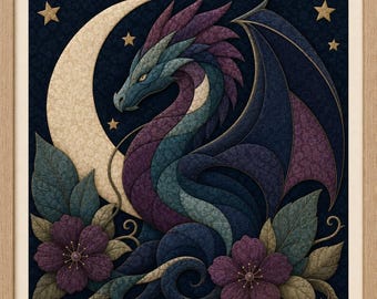 May include: A framed wall art piece featuring a stylized dragon in shades of blue and purple, set against a dark background with a large cream-colored crescent moon and gold stars. Two purple flowers with green leaves are at the bottom.