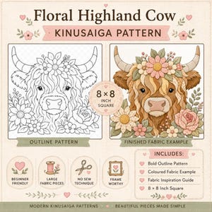 以下が含まれることがあります： Floral Highland Cowと題された20.32 x 20.32 cmの正方形デザインの木目込みパターンの画像。牛と花冠のアウトラインパターンと完成した布地の例が表示されています。初心者向け、大きな布地、縫わない技法、額装可能を示すアイコンと、含まれるアイテムのリストが記載されています。