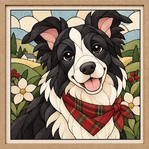 May include: A framed square wall art print featuring a black and white border collie wearing a red plaid bandana. The dog is set against a background of rolling green hills, white flowers with yellow centers, red berries, and a small house.