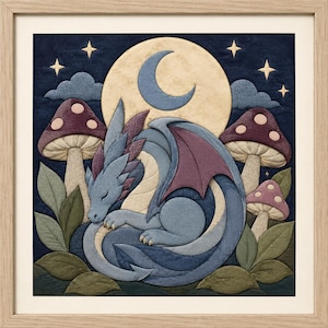 May include: A framed fabric wall art piece featuring a blue dragon curled up asleep. The scene includes a large yellow moon, a crescent moon, stars, clouds, and three purple-capped mushrooms with beige stems, all set against a dark blue background.