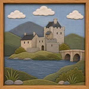 May include: A framed fabric wall art piece depicting a stone castle on a grassy island surrounded by water. The scene features a multi-level castle, a stone bridge, rolling green hills, and three white fabric clouds against a blue sky background.