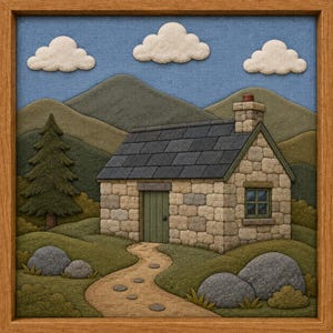 May include: A framed textile wall art piece depicting a stone cottage with a dark gray roof and green door. The scene includes a winding dirt path, a tall evergreen tree, rolling green hills, and three white felt clouds against a blue sky.