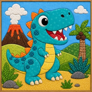 May include: A framed fabric wall art piece featuring a teal dinosaur with orange spikes, a yellow belly, and white teeth. The background shows a brown volcano with white smoke, a green palm tree, and green hills under a bright blue sky.