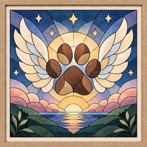 May include: A square framed wall art piece featuring a stained glass style illustration of a brown paw print with large white wings. The background depicts a sunrise over a blue body of water, green hills, and a dark blue sky filled with yellow stars.