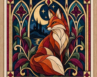 May include: A framed square wall art piece featuring a stained glass style illustration of a fox sitting amidst stylized foliage. The background depicts a crescent moon, stars, and a dark castle silhouette. The color palette includes orange, red, blue, and gold.