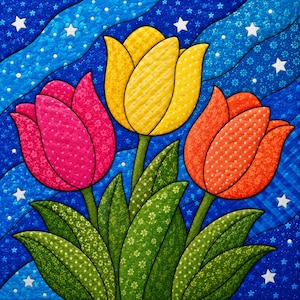 Puede incluir: Un tapiz acolchado que muestra tres tulipanes en rosa, amarillo y naranja con patrones de puntos blancos. Las flores tienen hojas verdes con estampados florales pequeños, sobre un fondo azul oscuro con estrellas blancas y líneas onduladas.