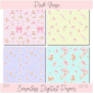 May include: Four seamless digital paper designs featuring watercolor illustrations of geese, teddy bears, and bows. The color palettes include pink, yellow, lavender, and teal backgrounds. The text "Pink Geese" and "Seamless Digital Paper" are displayed.
