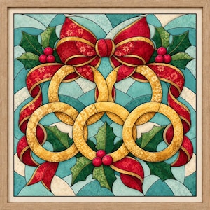 Peut inclure: Une décoration murale carrée encadrée représentant une illustration style vitrail avec trois anneaux dorés entrelacés, ornés de rubans rouges et de feuilles de houx vertes avec des baies rouges sur un fond géométrique bleu clair et blanc.