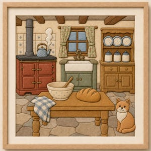 Puede incluir: Una pieza de arte textil enmarcada que representa una escena de cocina con una estufa roja, una tetera azul, un fregadero blanco, una alacena de madera con platos, una mesa de madera con un bol, un pan, un paño a cuadros azules y un gato naranja.