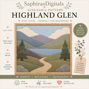Könnte beinhalten: Ein Kinusaiga-Muster mit dem Titel Highland Glen, das eine Landschaft mit sanften Hügeln, einem zentralen See, zwei Nadelbäumen und einem gewundenen Pfad zeigt. Das Design ist in Holz gerahmt und enthält Texte wie SaphirasDigitals, 8 x 8 inches sowie Anleitungen für druckfertige PDF- und PNG-Dateien zur Erstellung von Textilkunst.