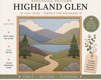May include: A Kinusaiga pattern titled Highland Glen featuring a landscape with rolling hills, a central lake, two evergreen trees, and a winding path. The design is framed in wood and includes text labels such as SaphirasDigitals, 8 x 8 inches, and instructions for print-ready PDF and PNG files for textile art creation.