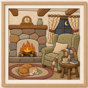 Könnte beinhalten: Ein gerahmtes Wandbild, das einen gemütlichen Raum mit einem Steinkamin, einem brennenden Feuer und einer Kaminuhr zeigt. Ein Sessel mit einer karierten Decke und ein kleiner Beistelltisch mit einer Tasse und einem Buch stehen daneben. Eine orangefarbene Katze schläft auf einem runden Teppich.