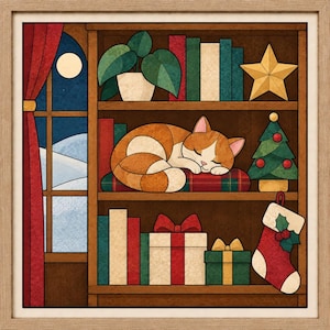 Könnte beinhalten: Eine gerahmte Illustration einer rot getigerten Katze, die auf einem karierten Kissen in einem Holzregal schläft. Die Regale enthalten Bücher, eine Topfpflanze, einen goldenen Stern, einen kleinen Weihnachtsbaum, Geschenke und einen Strumpf.