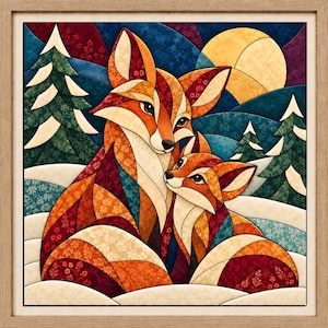 May include: A framed wall art piece featuring a stylised illustration of two foxes in a snowy forest. The foxes are composed of geometric, patterned segments in shades of orange, red, and brown. A large yellow moon sits in a dark blue sky.