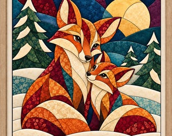 May include: A framed wall art piece featuring a stylized illustration of two foxes in a snowy forest. The foxes are composed of geometric, patterned segments in shades of orange, red, and brown. A large yellow moon sits in a dark blue sky.