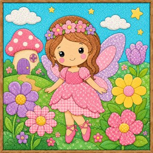 Peut inclure: Une impression d'art mural carrée représentant une fée de dessin animé aux cheveux bruns, avec une couronne de fleurs et une robe rose, debout dans un jardin. La scène inclut une maison champignon rose, des fleurs violettes et jaunes.