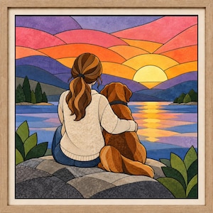 Puede incluir: Una ilustración digital enmarcada que muestra a una persona de cabello castaño con un suéter color crema y jeans azules sentada en una roca junto a un perro dorado. Observan un lago con árboles verdes y un cielo al atardecer con tonos naranja, rosa y morado.